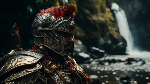 Roman knight in Spartan armor close-up, in the Amazon River Gorge, against a waterfall, 8k ultra realistic, photorealistic, photography lighting, reflection mapping, ultra detailed, photorealistic, cinematic, movie quality rendering, vfx post production, rtx ray tracing lighting