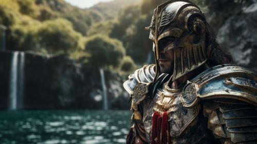 Roman knight in Spartan armor close-up, in the Amazon River Gorge, against a waterfall, 8k ultra realistic, photorealistic, photography lighting, reflection mapping, ultra detailed, photorealistic, cinematic, movie quality rendering, vfx post production, rtx ray tracing lighting