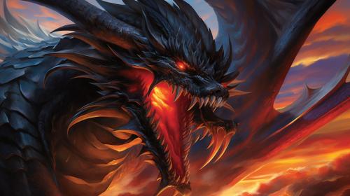 Zoddrened, the dark, a terrifying black dragon, mouth open about to exhale a sea of flames, masterpiece, gigantic scale, in the style of detail-oriented, hyper-realistic, in the style of yugioh monster --no frame, mockup, signature, watermark, username, low resolution, worst quality, low quality, jpeg artefacts, blurry, cropped, badly framed