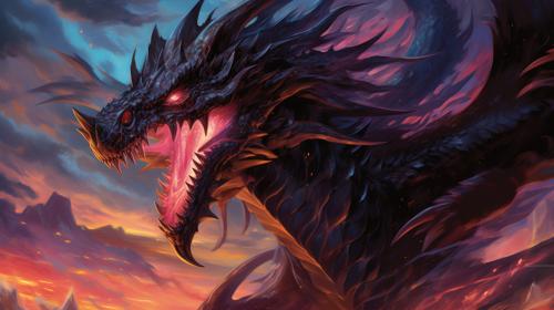 Zoddrened, the dark, a terrifying black dragon, mouth open about to exhale a sea of flames, masterpiece, gigantic scale, in the style of detail-oriented, hyper-realistic, in the style of yugioh monster --no frame, mockup, signature, watermark, username, low resolution, worst quality, low quality, jpeg artefacts, blurry, cropped, badly framed