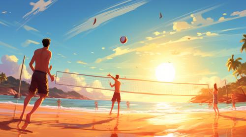 Guys playing volleyball in the beach