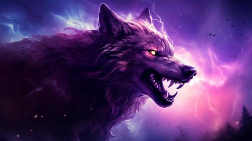 Werewolf in tten wolf style with a magical moon with purple Galaxy