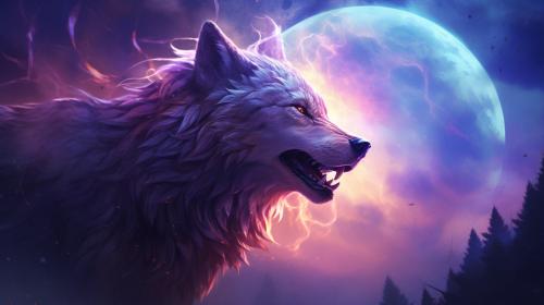 Werewolf in tten wolf style with a magical moon with purple Galaxy