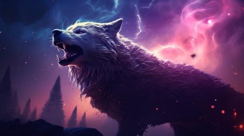 Werewolf in tten wolf style with a magical moon with purple Galaxy