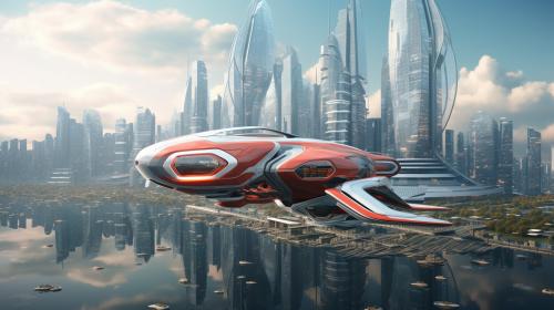 Futuristic skyscrapers and flying cars