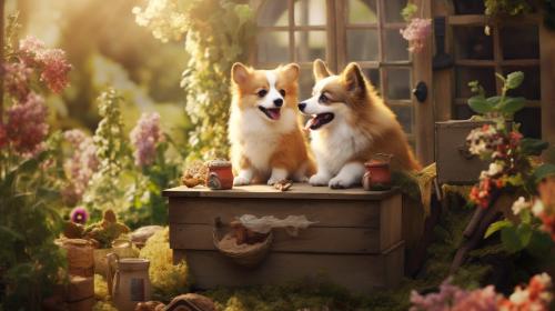 Cute dogs playing together in a garden of a cozy house.