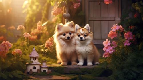 Cute dogs playing together in a garden of a cozy house.