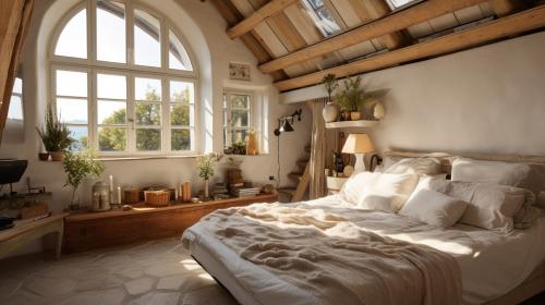 Cozy room with antic furnitures, big bed and lovely windows.