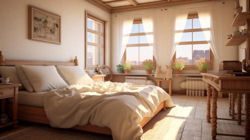 Cozy room with antic furnitures, big bed and lovely windows.