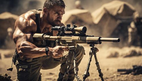 BEASTLY Bodybuilder Tough Goose wearing gold chain and shooting a 50 caliber sniper rifle. In the warzone. Fighting enemy soldiers. Looking angry and determined to be victorious! 