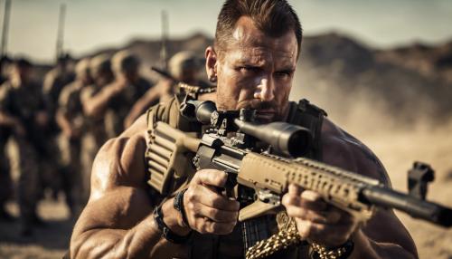 BEASTLY Bodybuilder Tough Goose wearing gold chain and shooting a 50 caliber sniper rifle. In the warzone. Fighting enemy soldiers. Looking angry and determined to be victorious! 