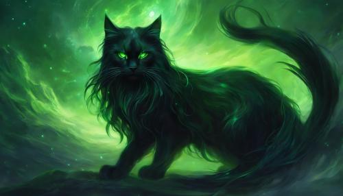 Black demonic long hair cat green eyes