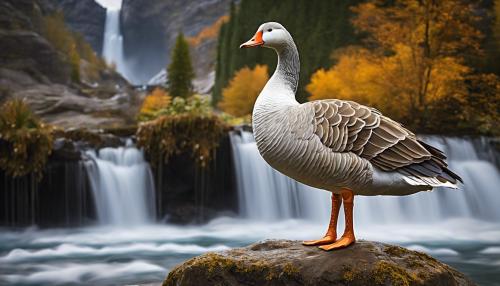 Crowned Queen Goose standing majestically above waterfall with detailed wings   