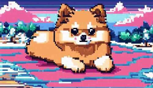 cute pomeranian dog laying on blanket,winter time, vaporwave 8-bit