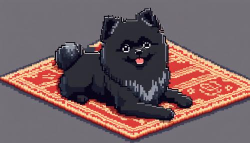 Cute black pomeranian dog laying on a blanket, winter, kawaii 8-bit