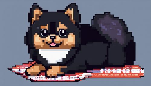 Cute black pomeranian dog laying on a blanket, winter, kawaii 8-bit