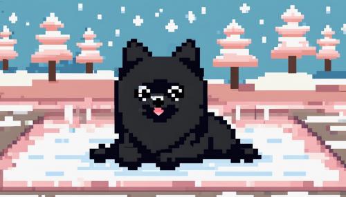 Cute black pomeranian dog laying on a blanket, winter, kawaii 8-bit