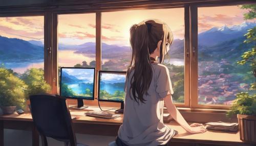 anime girl playings on computer with a window next to her with a beautiful view