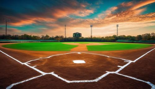 A baseball field out in the middle of beautiful country, breath taking landscapes. With vibrant colors. The baseball field has an old classic baseball field look to it. but surrounded by breath taking landscapes