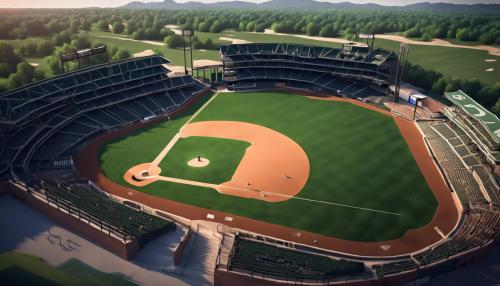 a 3d view of a major league baseball field from above looking down on area and the field is in the country with breath taking surroundings. 