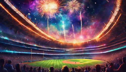 a view from the moon or space  of a crazy colorful baseball stadium on earth. Surrounded by wild scyfi  landscapes. with fireworks going off all around the stadium.