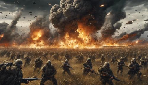 Two Giant modern armies fighting each other in a huge field, big explosions, super detailed, dark, scary, and extremely highly detailed