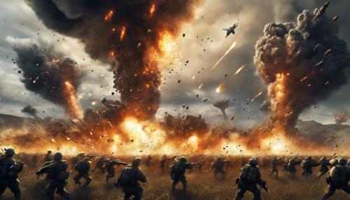 Two Giant modern armies fighting each other in a huge field, big explosions, super detailed, dark, scary, and extremely highly detailed