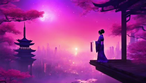 geisha, purple, pink, fantasy, futuristic, city, temple, sunrise, 