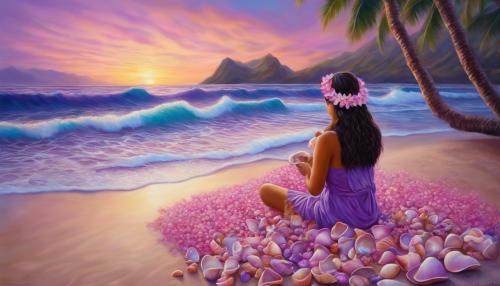 shells on a beach, lei everywhere, plumeria tree, Hawaiian woman collecting shells, purple and pink sunrise, sparkling water, hyper realistic 