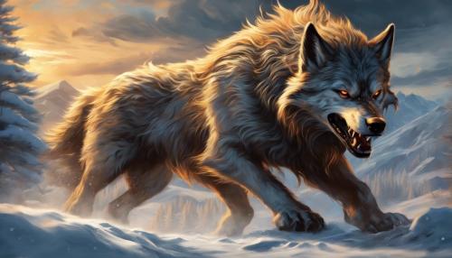 Norse mythology, Fenrir, hyper realistic, ragnarok, tyr, during winter, in the mountains, fiery 