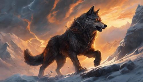 during ragnarok, fiery scape during winter, in the mountians, tyr the god in person, Fenrir looking fierce, norse mythology around them, end times, victorious after battle, hyper realism, tyr has Fenrir on a chain leash 