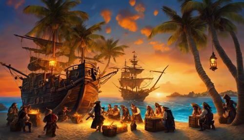 pirates in tortuga, drinking rum near a tavern, outside on the beach, with the ocean in the back ground, with a orange and red sunrise with lanterns and torches, gold coins all over the ground, pirates treasure spilling out of treasure chests, beautiful pirate wenches nearby, hyper realistic, pirate ships on the ocean, 