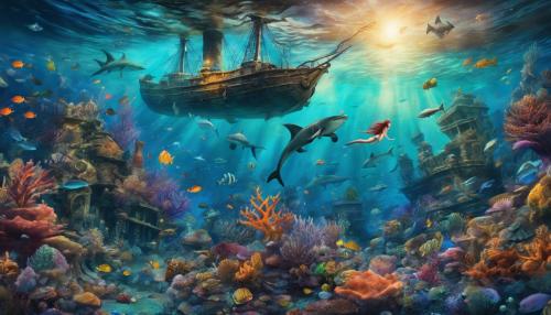 fantasy, under water, with a colorful coral reef, beautiful mermaid being chased by the Kraken monster, lots of fish swimming around, and a shark near the ocean floor, a sunken ship on the ocean floor with treasure spilled out around it, hyper realistic, sunrise colors