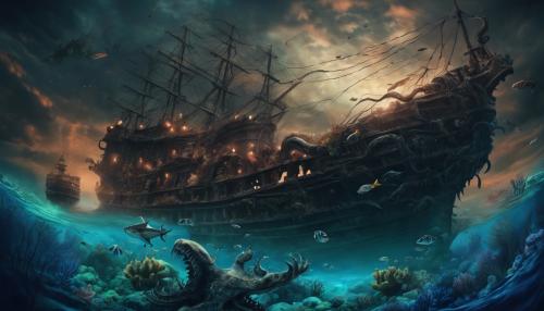 the kraken monster, with a sunken ship on the bottom of the ocean, fantasy, hyper realistic, dark theme, dark colors, scary, lot of fish, dark coral reef, sharks swimming around ship