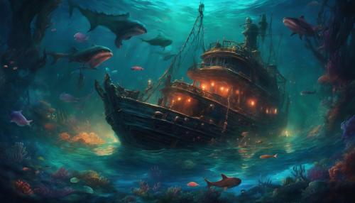 Sunken ship on the bottom of the ocean, giant scary squid monster, dark theme, dark colors, dark coral reef, lots of sharks, fish swimming around, mermaids in the back ground