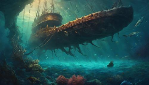 GIANT SQUID, Sunken ship on bottom of ocean, dark theme, dark colors, scary, dark coral reef, sharks and fish swimming around, sea creature monsters, 