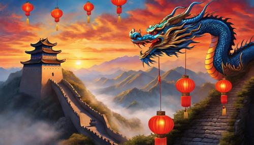 Multiple chinese dragons, hyper realistic, colorful, sunrise, on the great wall of china, with chinese lanterns hanging, geishas standing nearby, sunrise colors, wispy clouds, hyper realistic, fantasy 