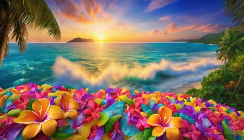 leis all around and even more leis, and flower petals and flowers every where, colorful, during sunrise, with the ocean in the back ground, tropical flowers, tropical colors, island, fantasy, hyper realistic 