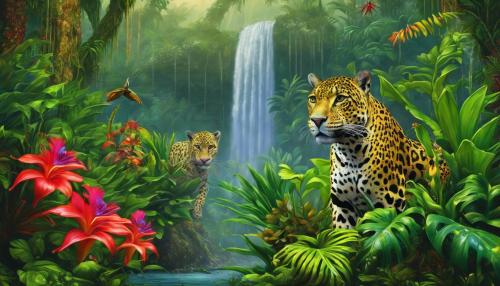 tropical rain forest, colorful, hyper realistic, fantasy, with a jaguar and cubs, tropical flowers, with a waterfall, venus fly trap plant, day time, during the rain