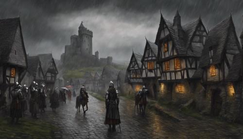 mediaeval times, dark, raining a lot, castles, village, fantasy, hyper realistic, knights, women, villagers, grey and dark colors, 