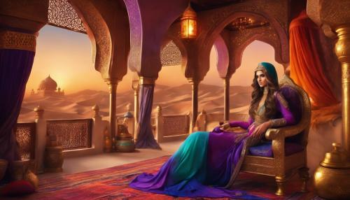 Arabian nights theme, princess in beautiful luxurious clothing with long flowing hair, an evil sultan, treasure, gold crowns, colorful, sunrise, canopies, colorful pillows, hyper realistic, poison bottle, sultan has a sword, fantasy