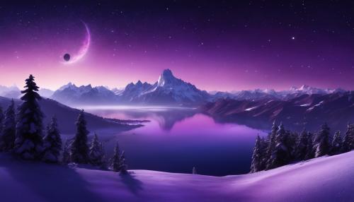 snowy mountains, with a planet in the sky, purple and dark colors, with a lake in the distance, stars in the sky, crescent moon visible, with some low fog, lots of trees, no animals