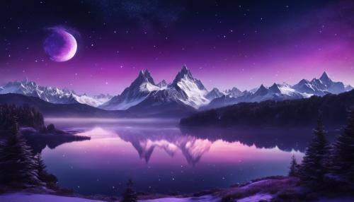 snowy mountains, with a planet in the sky, purple and dark colors, with a lake in the distance, stars in the sky, crescent moon visible, with some low fog, lots of trees, no animals