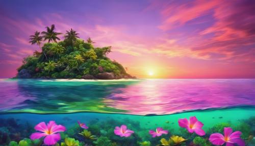 green island, purple pink sky, sunrise, colorful flowers floating on top of ocean, tropical, paradise, calm ocean, fantasy, hyper realistic