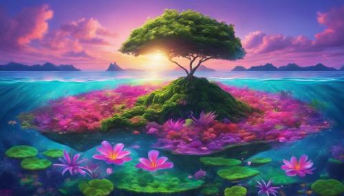 green island, purple pink sky, sunrise, colorful flowers floating on top of ocean, tropical, paradise, calm ocean, fantasy, hyper realistic, sea creatures