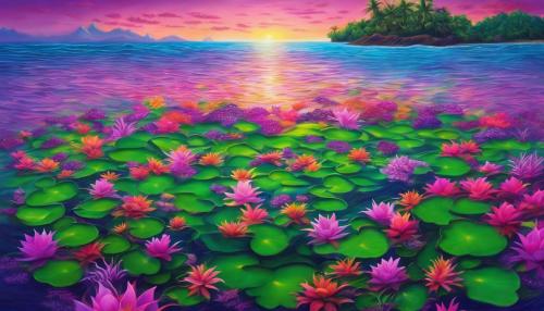 green island, purple pink sky, sunrise, colorful flowers floating on top of ocean, tropical, paradise, calm ocean, fantasy, hyper realistic, lots of fish