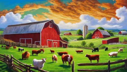 farm, lots of farm animals, green grass, blue sky, clouds, red barn, fantasy, hyper realistic