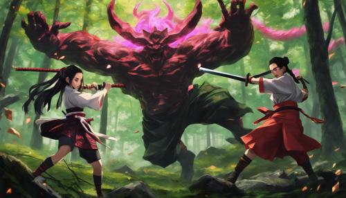 hyper realistic, fantasy, demon slayer, nezuko and tanjiro, fighting a battle, in the forest, fighting demons, karate, 