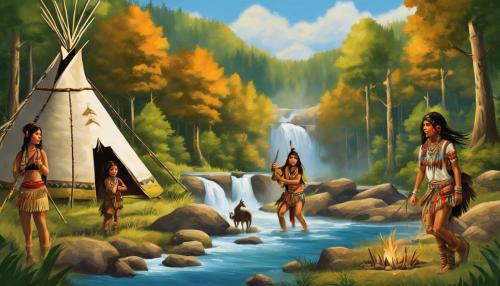 cowboys and Indians, indian princess, fighting, teepee, villagers, in the forest, waterfall, nature 