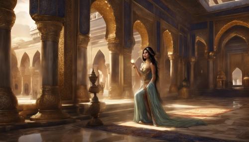 harem, arabian princess, captive, inside of a palace, treasure all around, evil bad guy, fantasy, hyper realistic